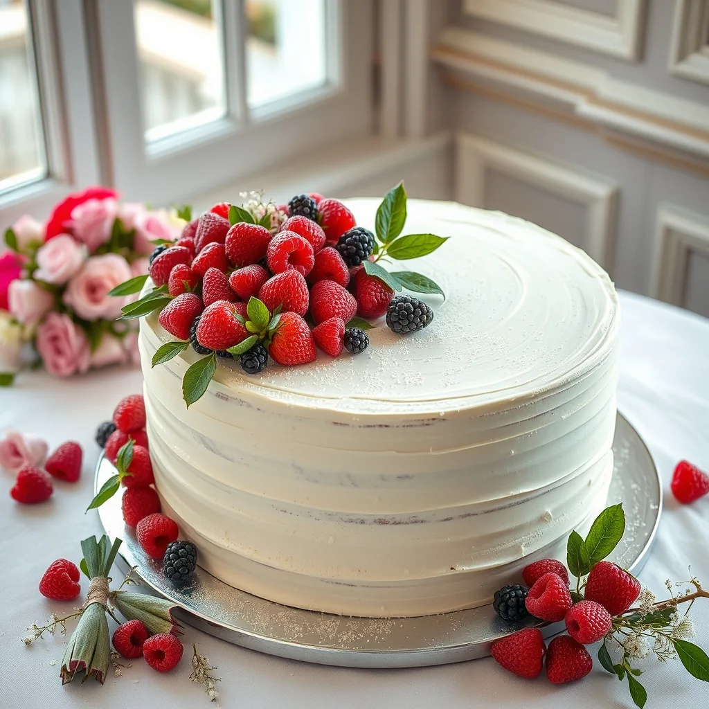 Grand gâteau italien de mariage moderne, large et bas, recouvert de crème blanche et de fruits rouges.