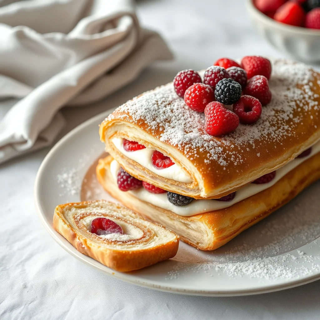 Millefoglie traditionnel composé de couches de pâte feuilletée, de crème vanillée et de fruits rouges.