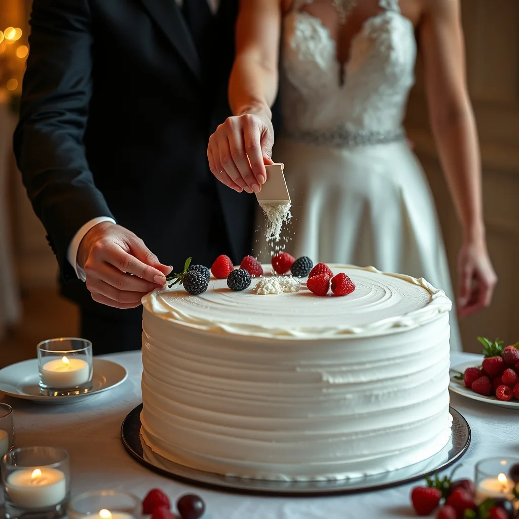 Couple terminant un grand gâteau de mariage bas en ajoutant des framboises et du sucre glace.
