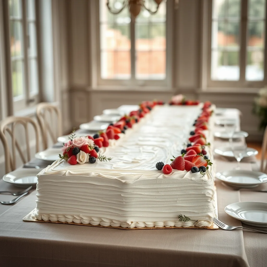 Très long Table Cake rectangulaire installé au centre d'une table de mariage, décoré de crème claire, fruits rouges et fleurs comestibles.