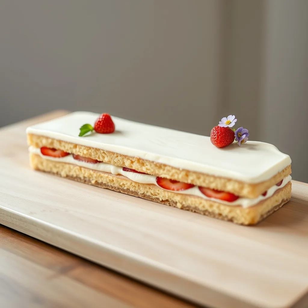 Vue rapprochée d'un long Table Cake rectangulaire composé de couches de biscuit, crème claire et fraises, assemblé en plusieurs sections alignées.