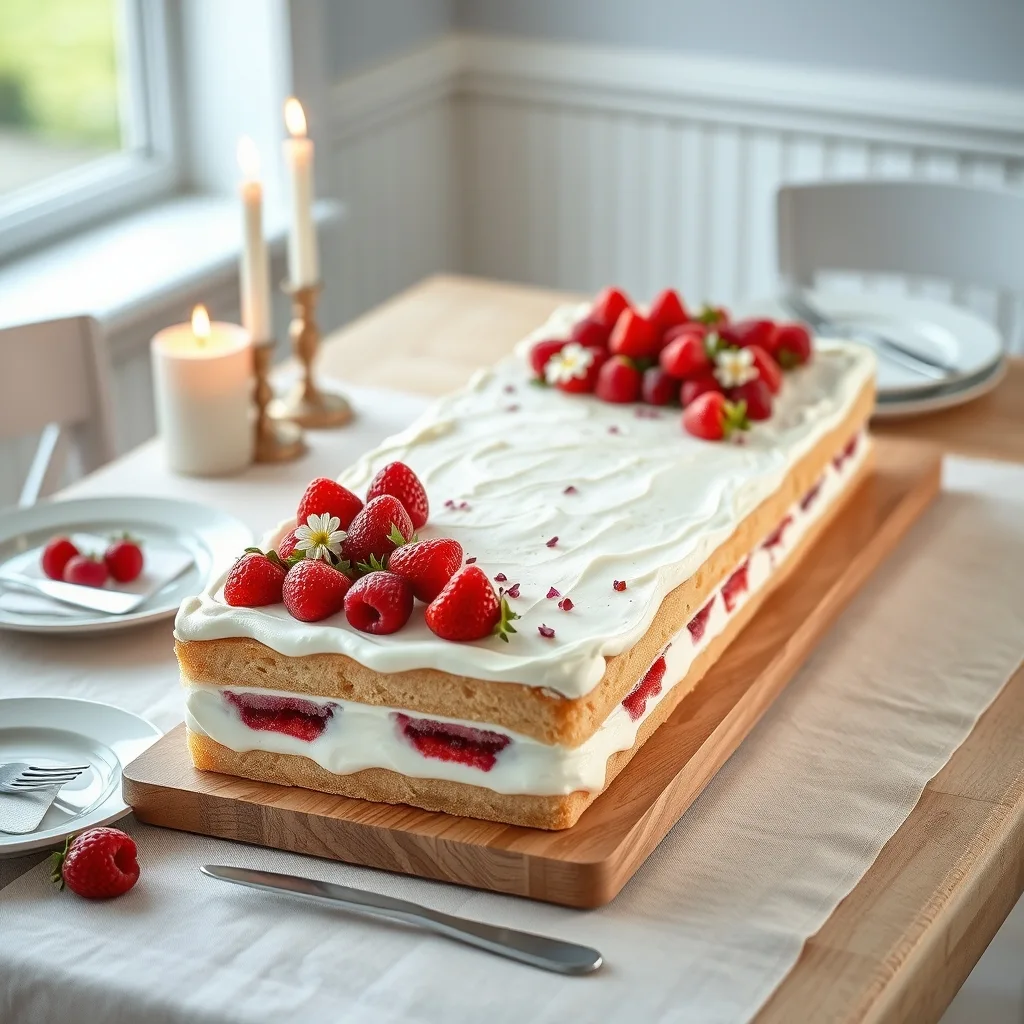 Petit Table Cake rectangulaire pour anniversaire ou fête familiale, décoré de crème claire, fraises, framboises et petites fleurs comestibles sur une table de maison.