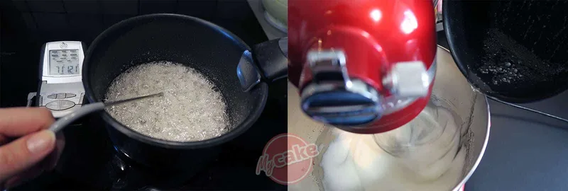 A 121 °C, versez le sirop sur vos blancs d'oeufs